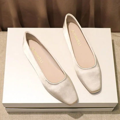 WANG LI Women’s Square Toe Slip-On Flats – Elegant Low Heel Office & Everyday Shoes