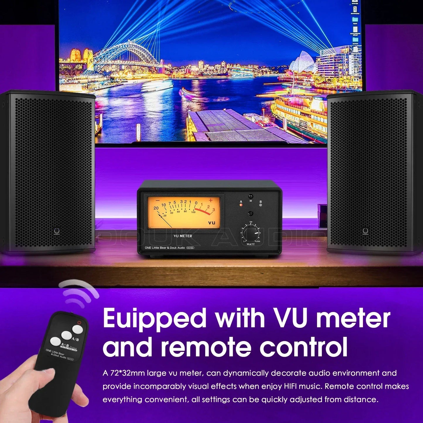 Douk Audio 2-In-1 Audio Switcher with VU Meter – IR Remote Amplifier & Speaker Selector