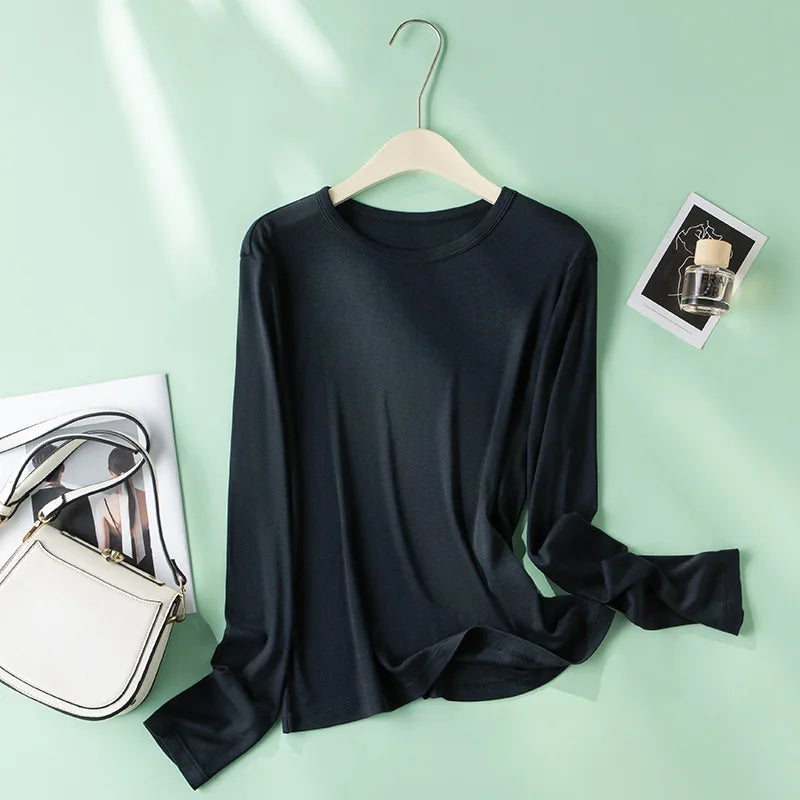 EMBELLIKE Elegant Silk-Feel Long Sleeve T-Shirt for Effortless Everyday Style