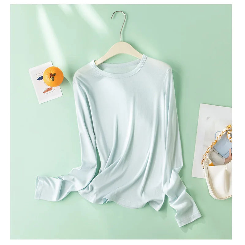 EMBELLIKE Elegant Silk-Feel Long Sleeve T-Shirt for Effortless Everyday Style