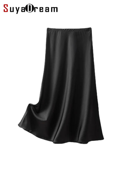 SuyaDream Elegant Silk A-Line Midi Skirt for Summer & Minimal Chic Outfits