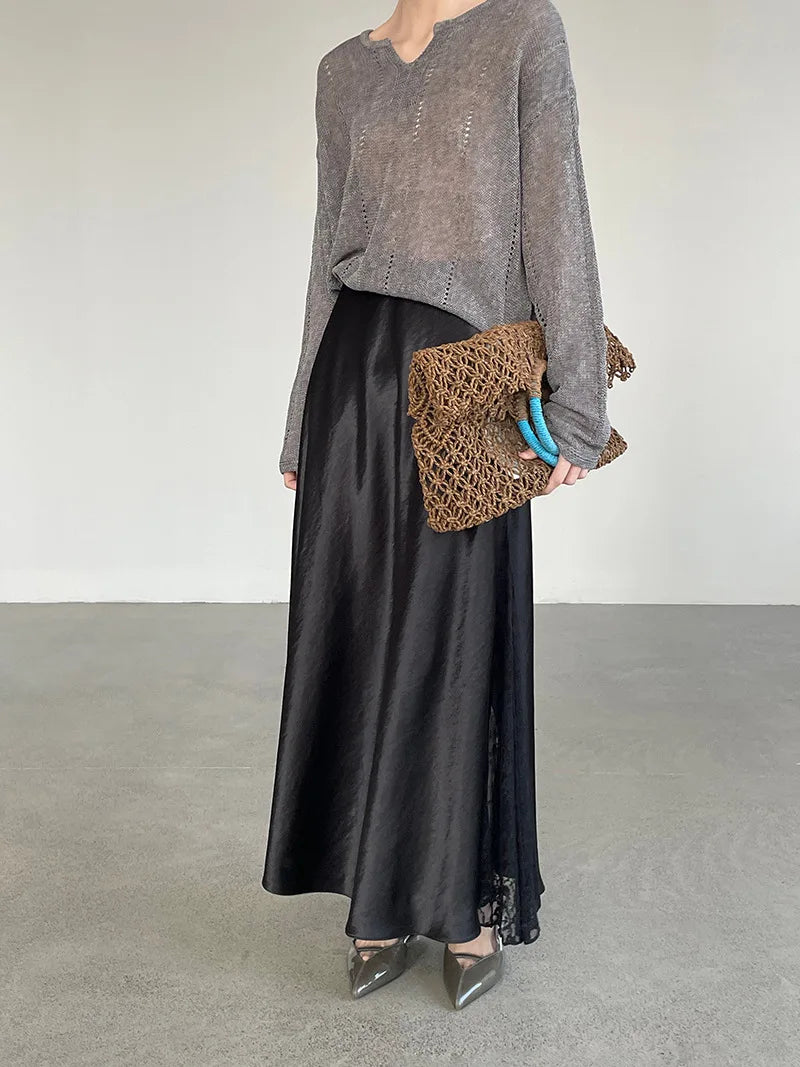 YEMOCILE Elegant Satin Lace Midi Skirt for Dressy & Feminine Outfits
