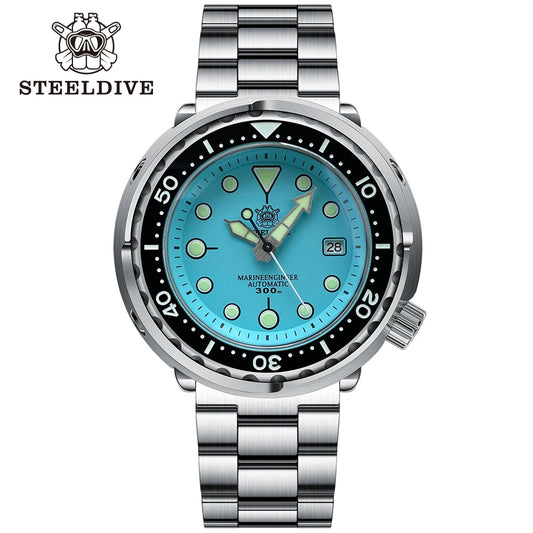 STEELDIVE  SD1975 Professional 300M Automatic Dive Watch – Turquoise Dial Stainless Steel Diver