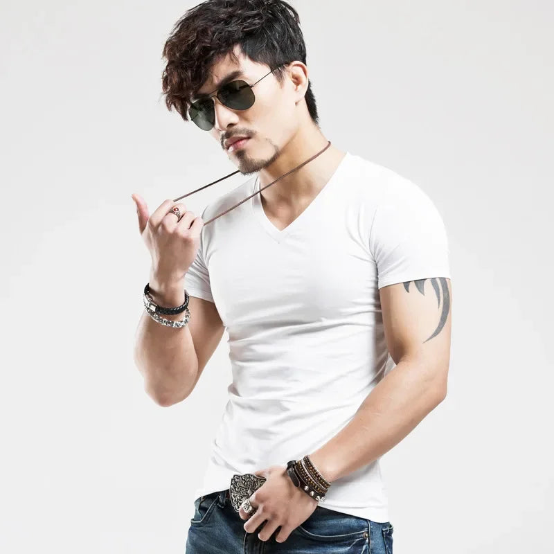2025 Brand New Men's T-Shirt V-neck Short Sleeve