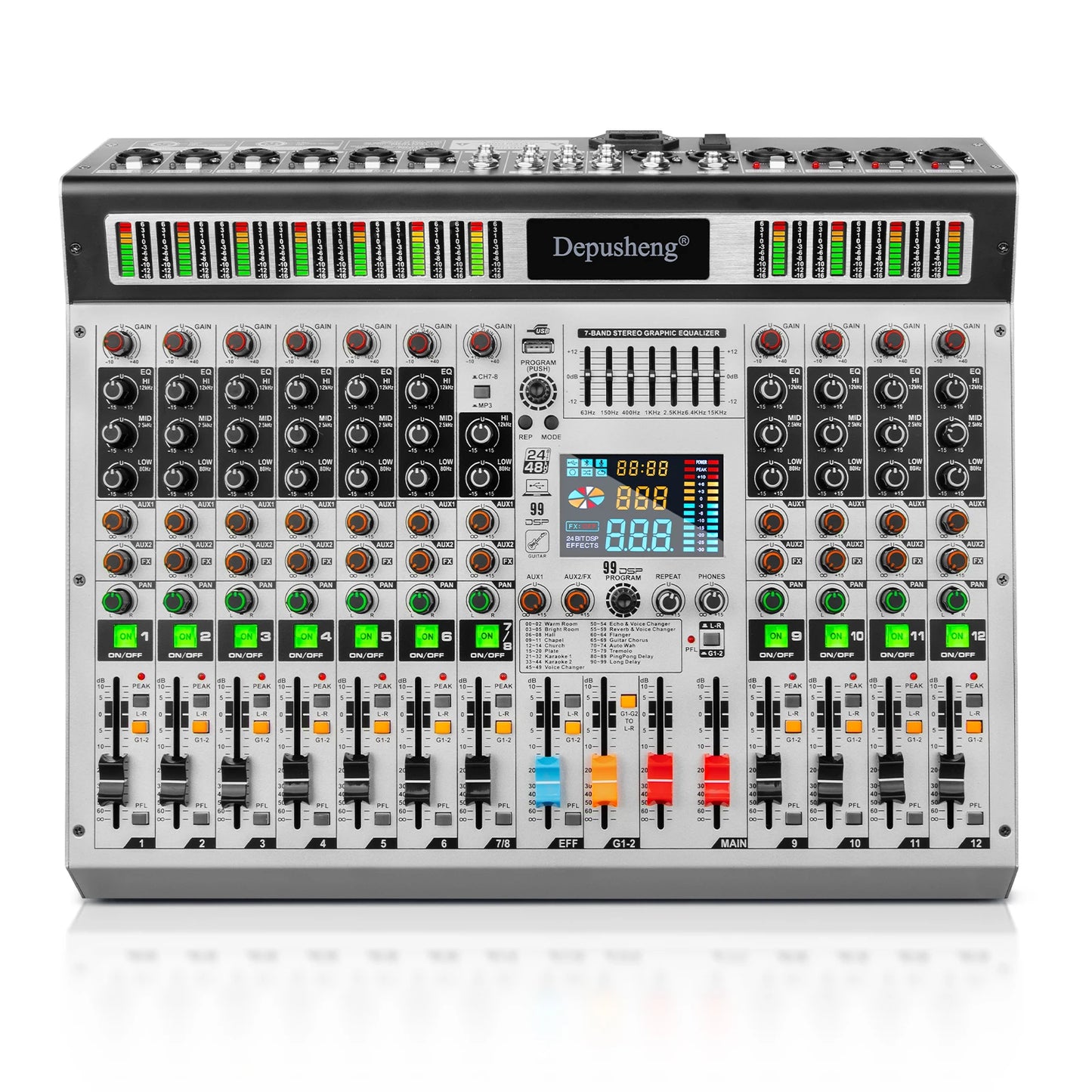 DEPUSHENG 12-Channel Audio Mixer with DSP Effects – Live Sound & Recording Console