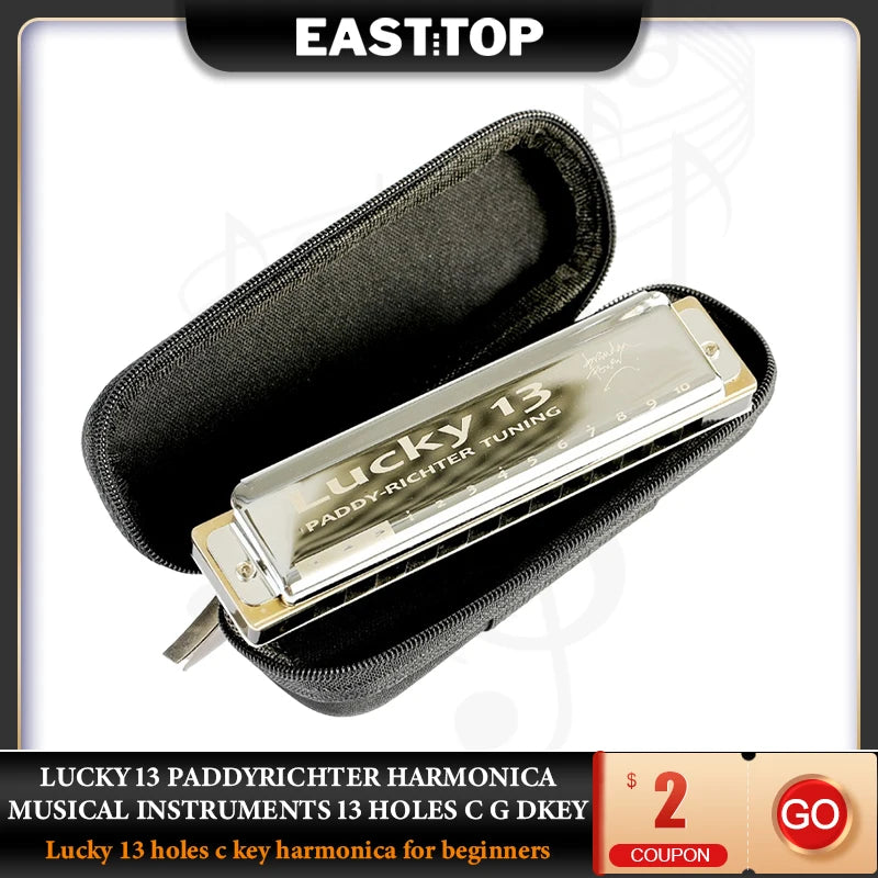 Easttop Lucky 13 Harmonica – 13-Hole Paddy Richter Harmonica for Beginners (C/G/D Keys)