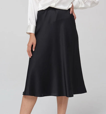 SuyaDream Elegant Silk A-Line Midi Skirt for Summer & Minimal Chic Outfits