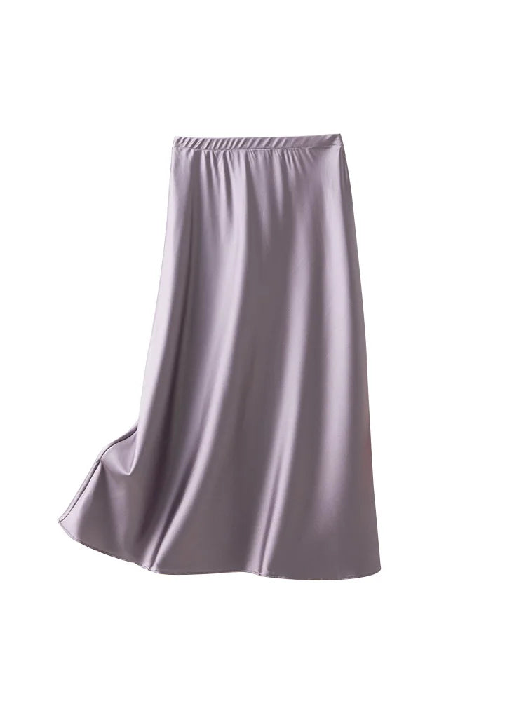 SuyaDream Elegant Silk A-Line Midi Skirt for Summer & Minimal Chic Outfits