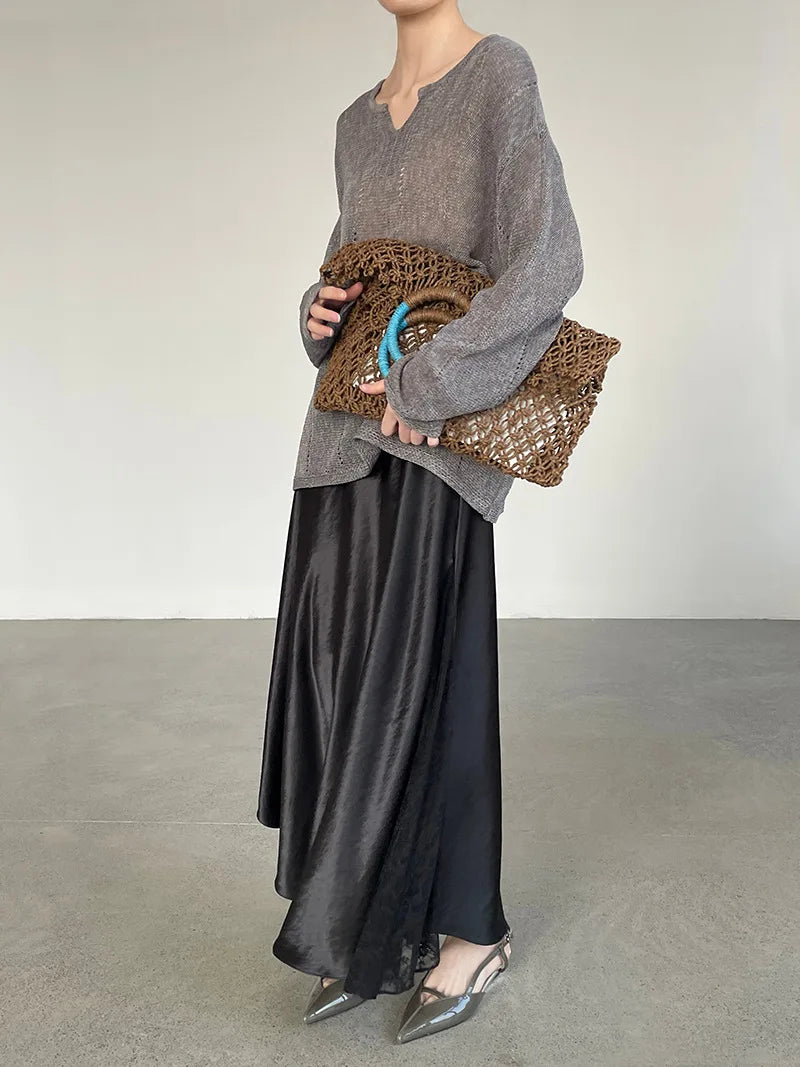 YEMOCILE Elegant Satin Lace Midi Skirt for Dressy & Feminine Outfits