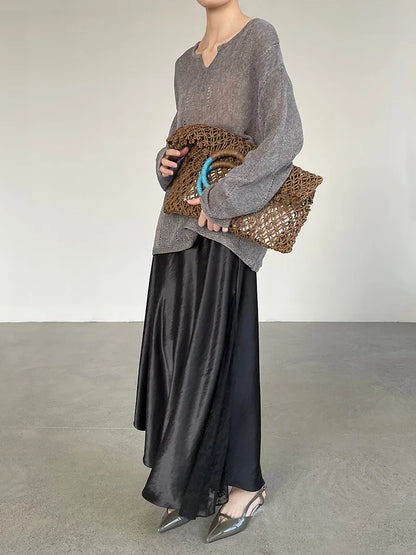 YEMOCILE Elegant Satin Lace Midi Skirt for Dressy & Feminine Outfits