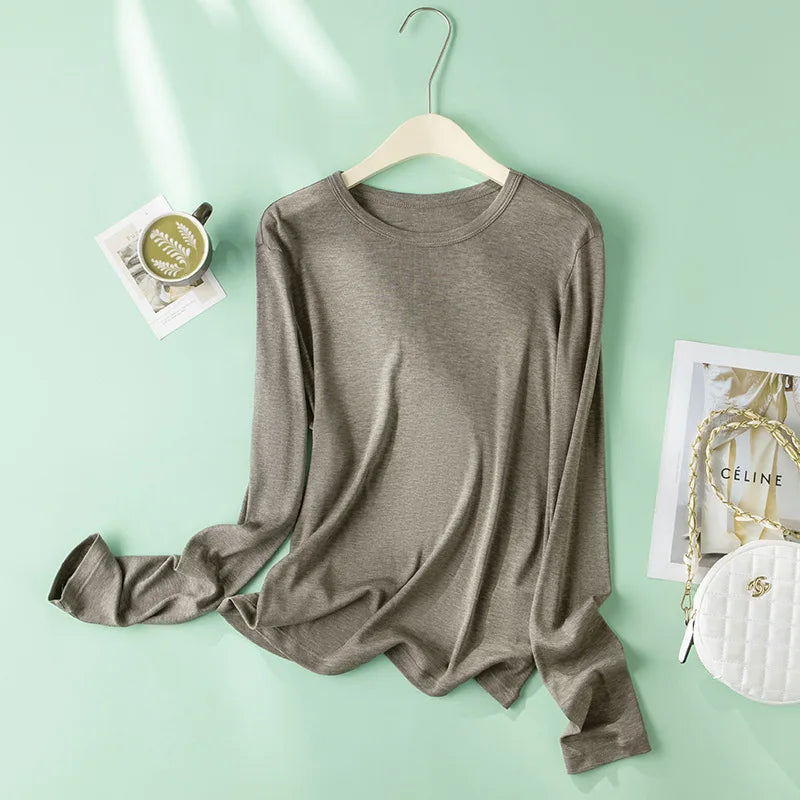 EMBELLIKE Elegant Silk-Feel Long Sleeve T-Shirt for Effortless Everyday Style