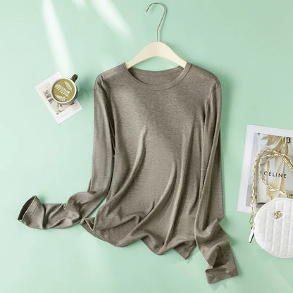 EMBELLIKE Elegant Silk-Feel Long Sleeve T-Shirt for Effortless Everyday Style