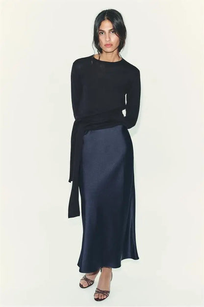 Elegant Satin High-Waist Midi Skirt for Effortless Everyday Style