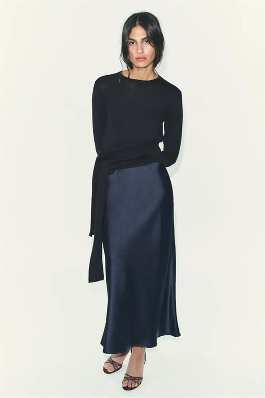 Elegant Satin High-Waist Midi Skirt for Effortless Everyday Style