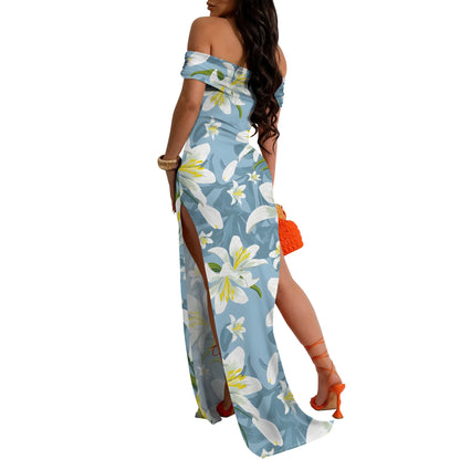 MOLLYER  Women’s Off-Shoulder Floral Maxi Dress with High Slit for Elegant Occasions