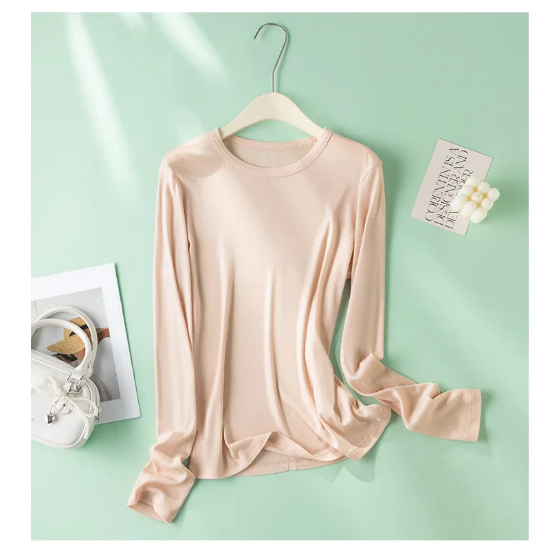 EMBELLIKE Elegant Silk-Feel Long Sleeve T-Shirt for Effortless Everyday Style