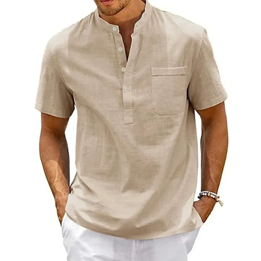 KING BILLION Men’s Cotton-Linen Henley Shirt for Breathable Summer Style