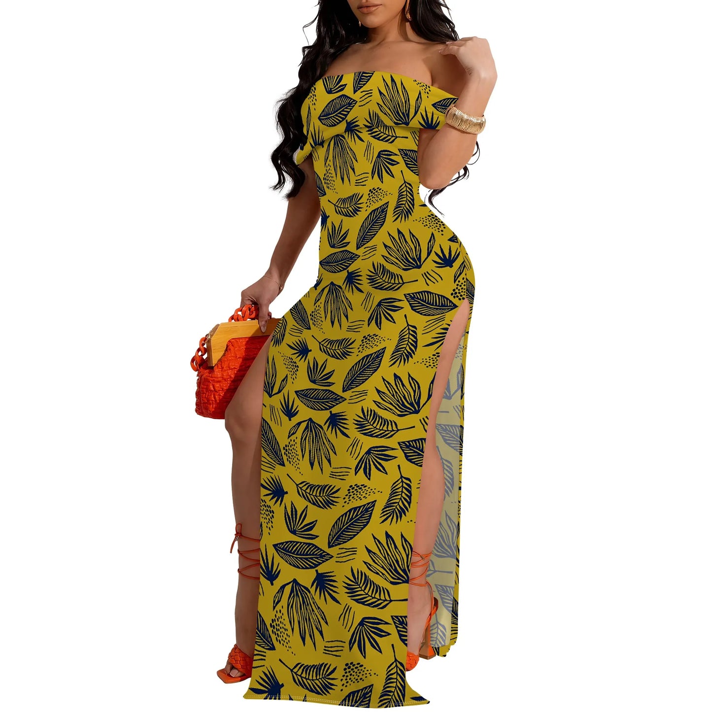 MOLLYER  Women’s Off-Shoulder Floral Maxi Dress with High Slit for Elegant Occasions
