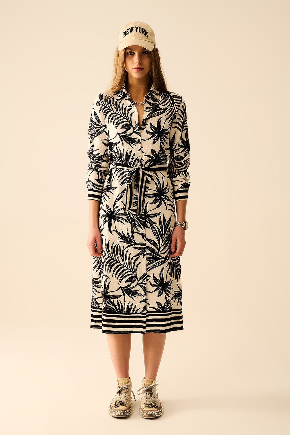 Long Sleeve Midi Dress in Black & White Motif for Everyday & Smart Casual Wear